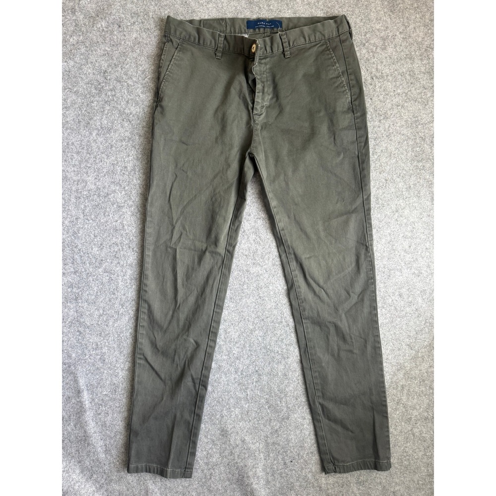 Zara Man Mens Slim Fit Chino Pants 32 Olive Green Cotton Stretch Trousers